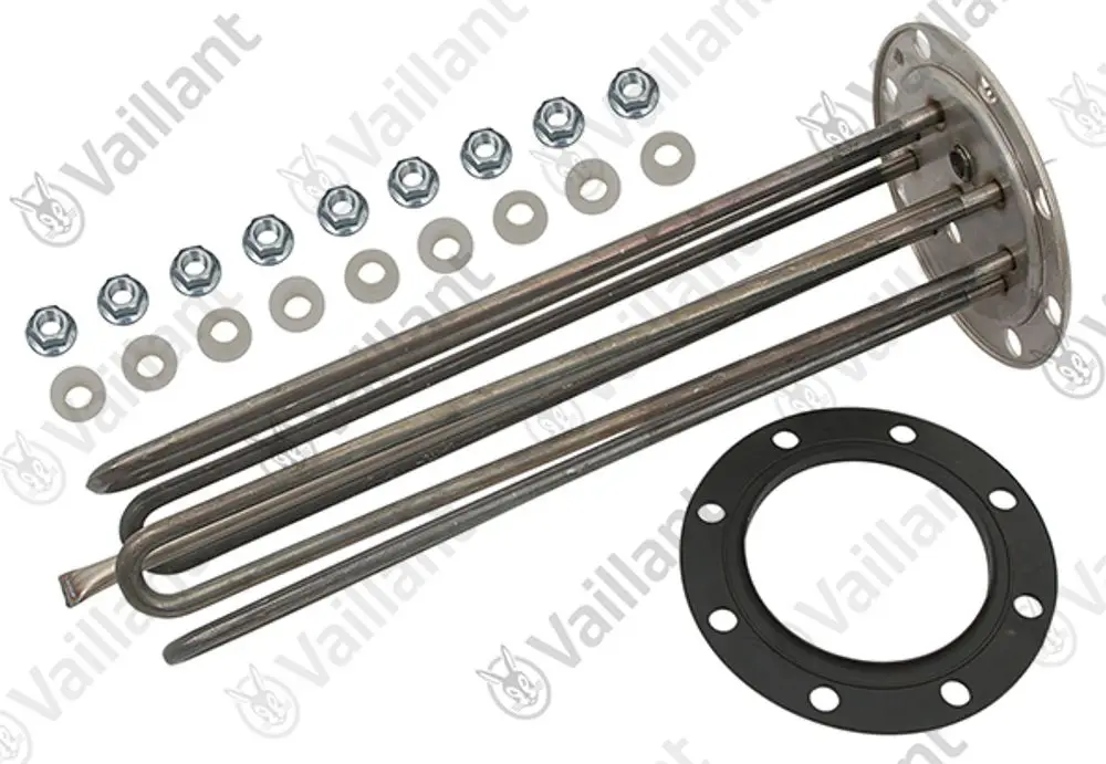 Vaillant Heizkörperheizwendel mit vier Heizschlangen, Flansch, Unterlegscheiben und Schrauben in der Nähe.